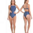 Brazilian Bikini Velour Monoki One-Piece Swimsuit Blue High-Cut Size Medium Activo
