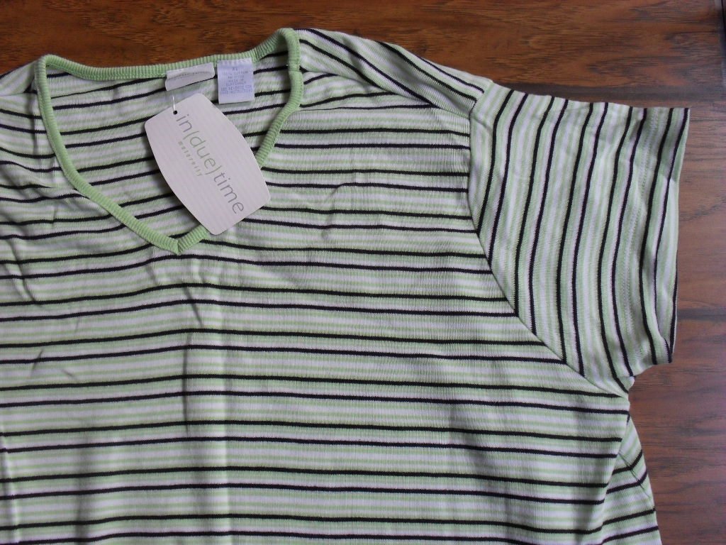 in(due)time Cotton V Neck Tee - Light Green Stripe XL