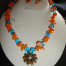 Orange Coral & Blue Beads w/ Spur Rowel Necklace Set - CGoc