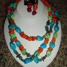 Multi-Colored Turquoise and Coral Necklace w Earrings - CGmc
