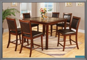 7 Pc Modern Cherry Dining Set with Marble Inserts Top Table & Chairs TBQD877