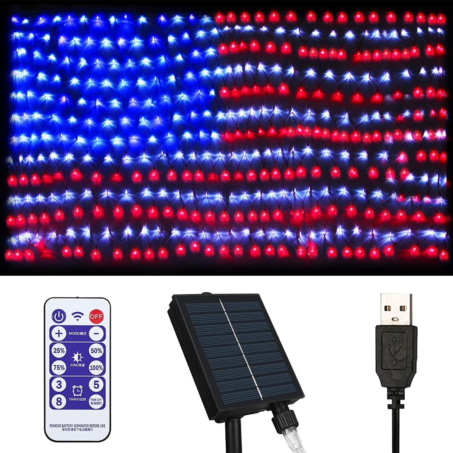 Solar American Us Flag Lights Solar And Usb 2 Power Way 420 Leds Waterproof 9739