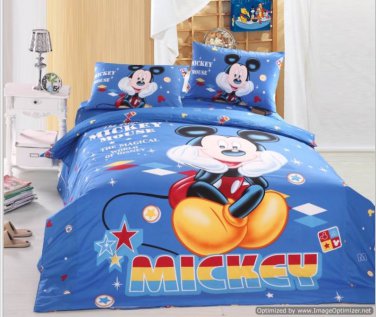 Twin Duvet Covers Comforter Sets 4Pc Adorable Blue Mickey Mouse Bed Linens Bed Sets