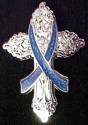 Colon Cancer Awareness Blue Ribbon Religious Cross Inspirational Church Pin New