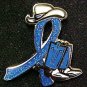 Colorectal Cancer Blue Glitter Ribbon Cowgirl Cowboy Western Boots Hat Lapel Pin