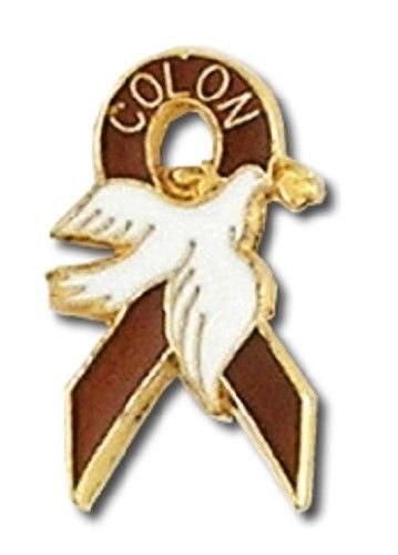 Colon Cancer Awareness Lapel Pin Rust Brown Ribbon White Dove Gold Letters New