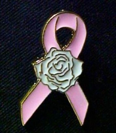 Pink Ribbon White Rose Pin Breast Cancer Awareness Lapel Pins Cap Tac New