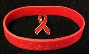 Red Ribbon Pin Silicone Bracelet Set Awareness Heart Lymphoma Pro Life AIDS DARE