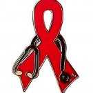 Heart Disease Pin Stethoscope Red Awareness Ribbon New