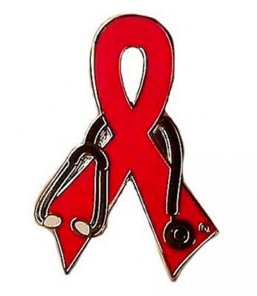 Heart Disease Pin Stethoscope Red Awareness Ribbon New