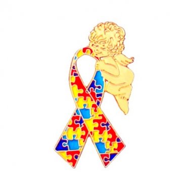 Autism Puzzle Ribbon Lapel Pin Gold Guardian Angel Asperger