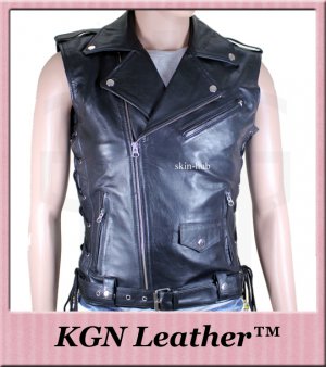 GENUINE SOFT SHEEP NAPPA LEATHER STYLISH LACED DOUBLE BREASTED BIKER VEST M119
