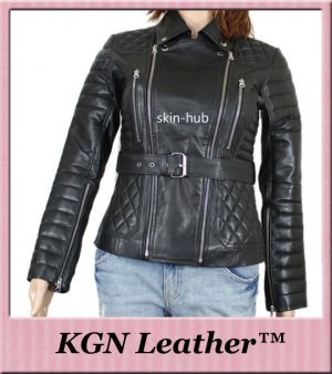 GENUINE SOFT INDIAN SHEEP LEATHER WOMENS QUILTED PADDED BIKER ERICA JACKET W34