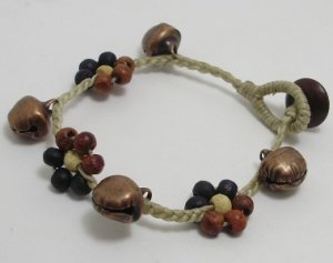 HANDMADE BRACELET BRASS JINGLE BELL WOOD BEAD THAI GIFT