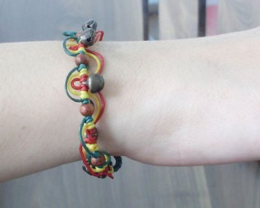 HANDMADE BRACELET BRASS BELLS WOOD BEAD COLORFUL STRING THAILAND LUCKY SOUVENIR