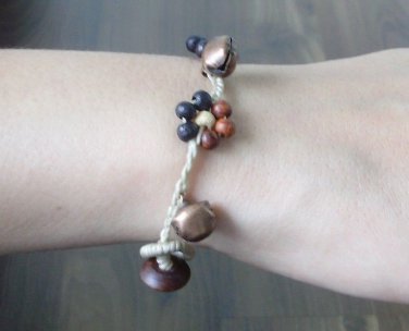 HANDMADE BRACELET BRASS JINGLE BELL WOOD BEAD THAI GIFT THAILAND LUCKY SOUVENIR