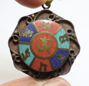 OM TIBET VINTAGE PENDANT BLESSED HINDU MANTRA TIBETAN TURQUOISE CHARM NECKLACE