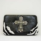 Hard Case Wallet, Black with Zebra Striped Edges Rhinestone Studded Cross Emblem