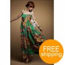 Women's Summer Floral Print Strap Maxi Dress Green