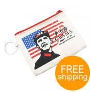Barack Obama Pattern Canvas Coin Purse Pouch with Keychain - Beige