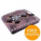 Gothic Skull Cross Rivet Cow Leather Double Fold Wallet (Brown)