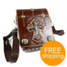Skull Cross Embellished Cow Leather Waist/Shoulder Bag (Brown)