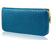 Lady's Patent Leather Stylish Snake Print Wallet with Zipper Closure (Blue)