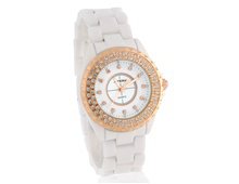 SINOBI Women's Round Dial Analog Quartz Watch with Ceramic Strap & Crystal Decoration (White)