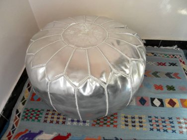 MOROCCAN FAUX LEATHER POUF : SILVER color