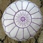 MOROCCAN LEATHER FOOTSTOOL (pouf) whie with purple stitching