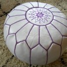 SET OF 2 LEATHER POUFS ( also called , floor pillows ,footstool ) white with purple stitching