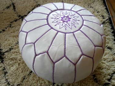 SET OF 2 LEATHER POUFS ( also called , floor pillows ,footstool ) white with purple stitching