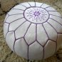 SET OF 2 LEATHER POUFS ( also called , floor pillows ,footstool ) white with purple stitching
