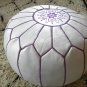 SET OF 2 LEATHER POUFS ( also called , floor pillows ,footstool ) white with purple stitching
