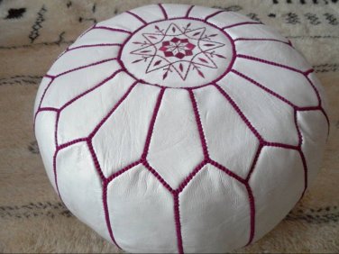 SET OF 2 LEATHER POUFS ( also called , floor pillows ,footstool ) white with Fuschia stitching