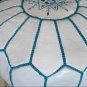 MOROCCAN LEATHER POUF (white with turquoise stitching and embroidery)