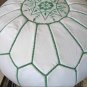 SET OF 2 LEATHER POUFS ( also called , floor pillows ,footstool ) white withgreen stitching