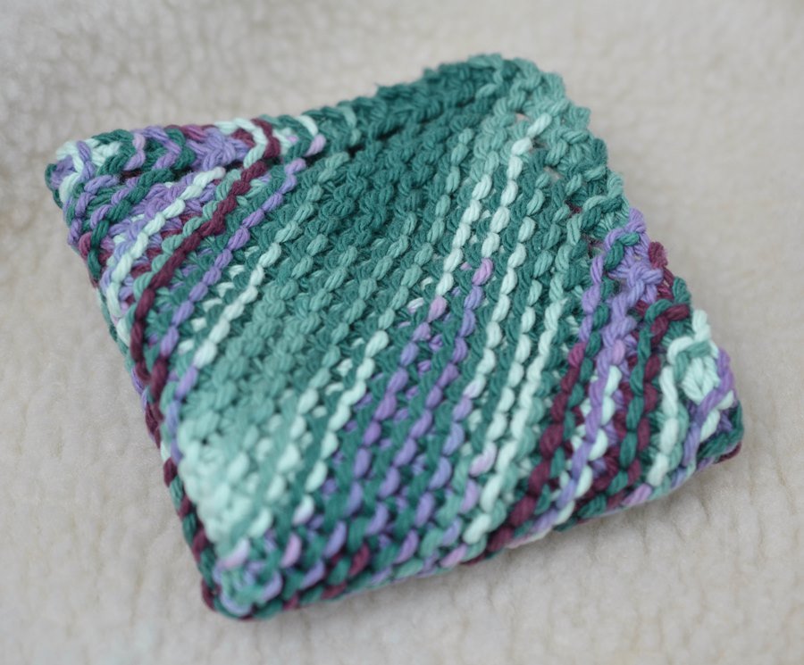 Hand Knitted Dish Cloth Variegated Green and Purple