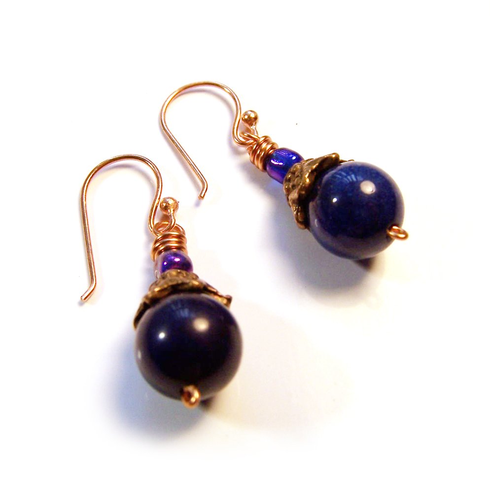 Handmade Blue Jade Stone w/ Seed Glass Bead Copper Dangle Earrings