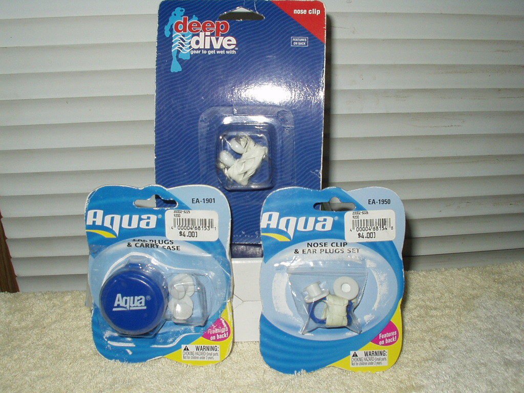 swimming nose clip and ear plug set + case lot of 2 aqua & deap dive brands