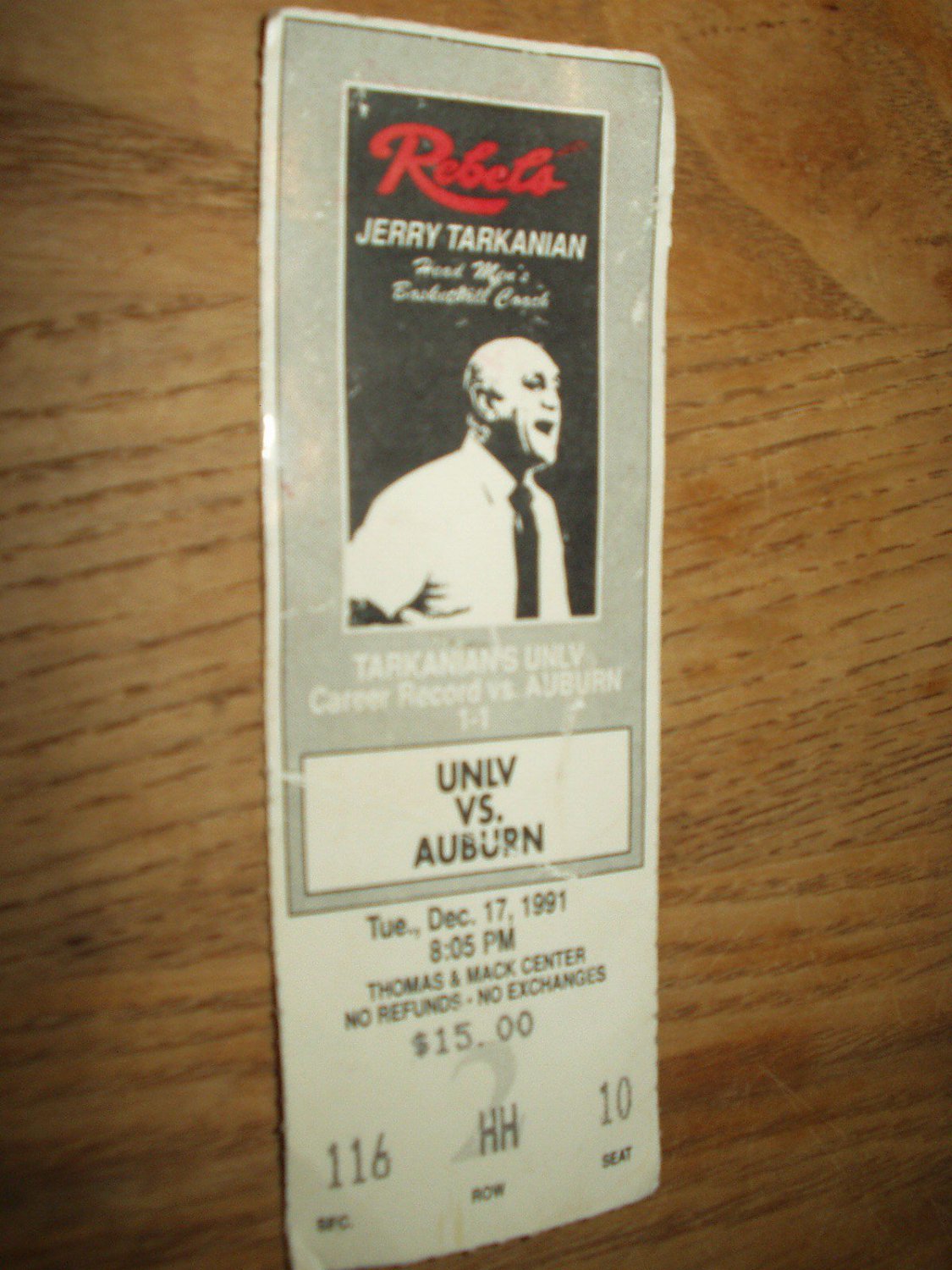 UNLV NCAA Basketball runnin rebels 1991 vs auburn ticket stub jerry tarkanian