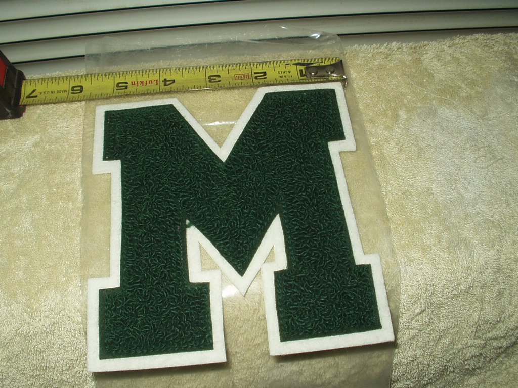 green letter M patch chenlle 5.7" t x 5.4" w college high school
