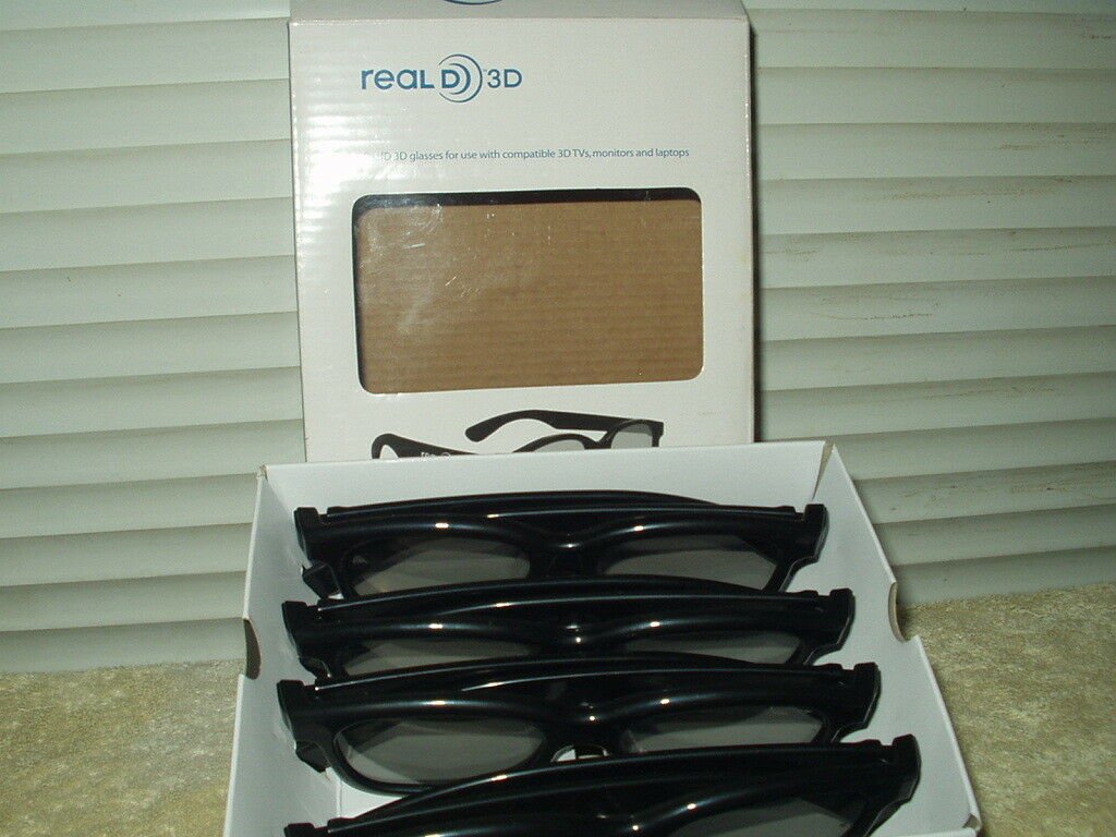 real d 3d glasses 1 open box w/ 4 pairs inside for tvs monitors & laptops