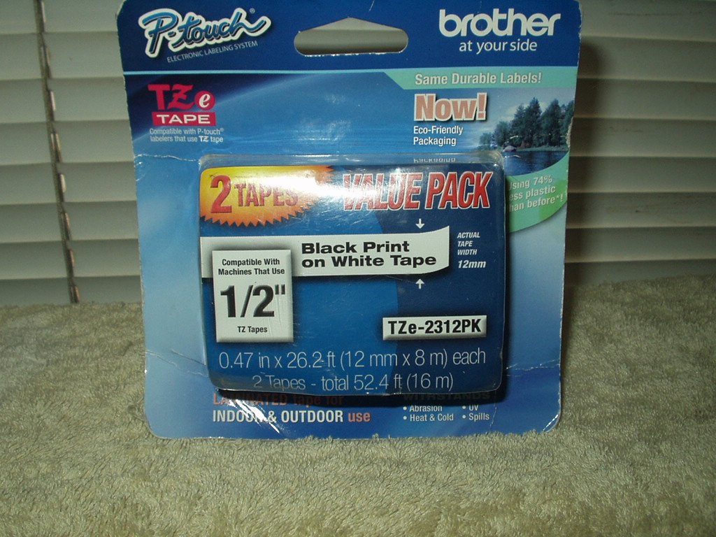 brother p-touch tze-2312pk 1/2" black print on white sealed pack of 2 tapes .47" x 26' each
