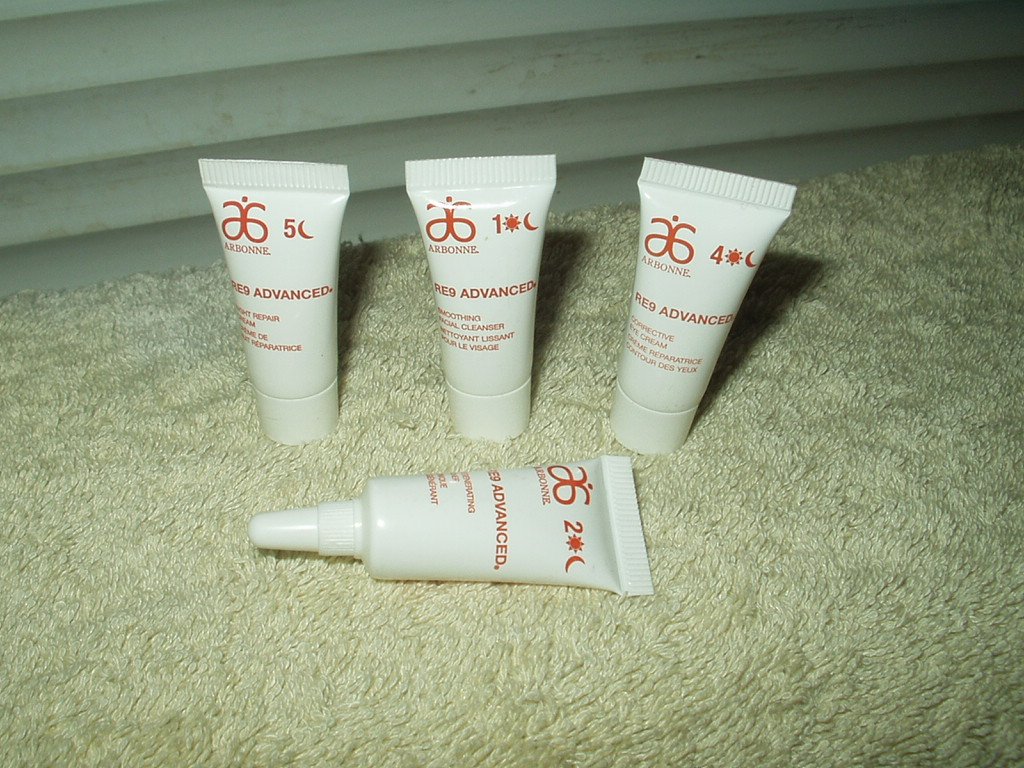 arbonne re9 advanced samples cleanser,toner,eye cream & night repair cream