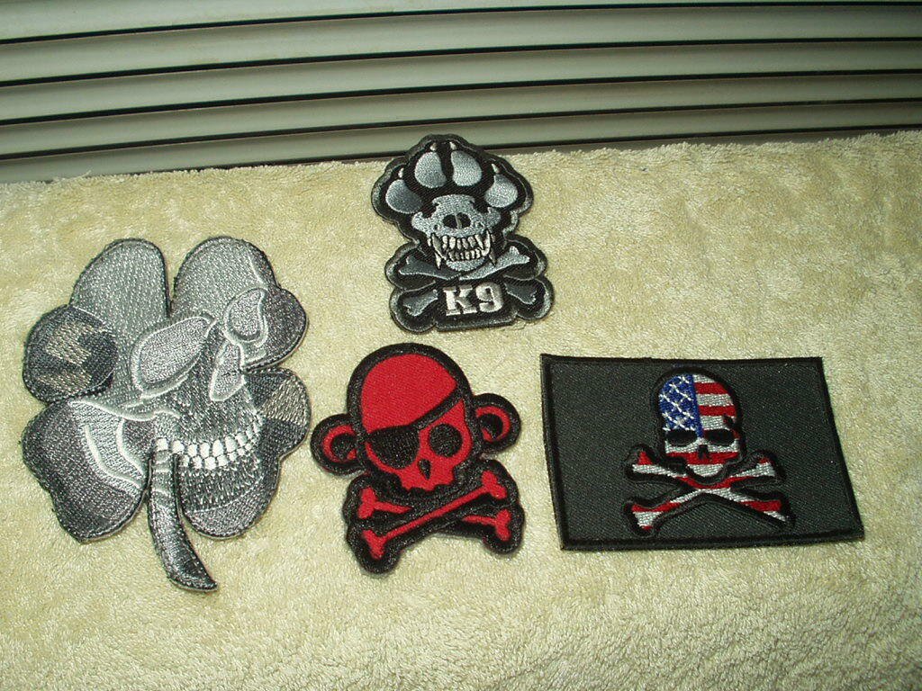 skull patches lot of 4 each hook & loop style 2" to 4" patches