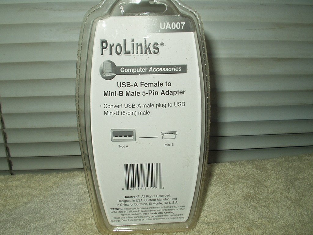 UA007 ProLinks USB-A Female to Mini-B Male 5 Pin Adapter sealed