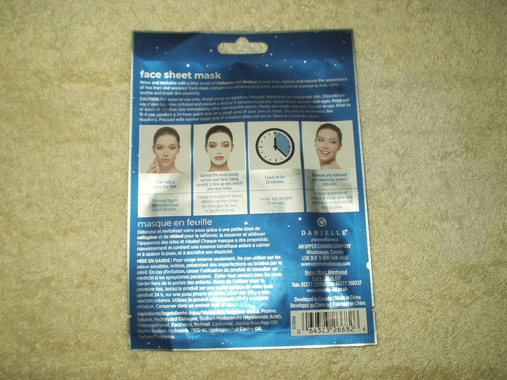 danielle creations collagen + retinol face sheet mask paraben free 1 each
