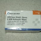 FIRST AID ONLY CPR FACE SHIELD, GLOVES & BZK ANTISEPTIC WIPES SEALED #21-008 2/25