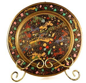 ANTIQUE INDIA BRASS CLOISONNE TIGERS AND DEERS WALL HANGING PLATE